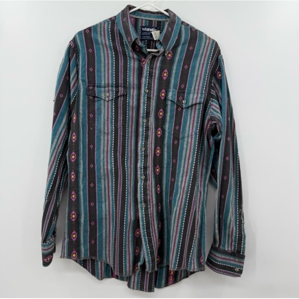 Vintage Wrangler Aztec Style Brushpopper Button Up Men Shirt X-Long Tails 16-34